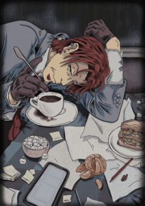 Illustration of the manager slumped on the desk playing with his coffee spoon amid a cluttered desk